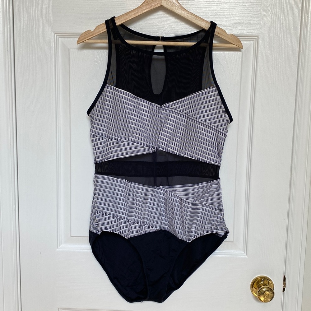 Anne Cole Black and White Striped Mesh Panel One-Piece Swimsuit
